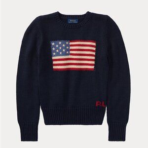 Girls Polo Ralph Lauren American Flag Knit Sweater Navy Blue Cotton Size XL 16